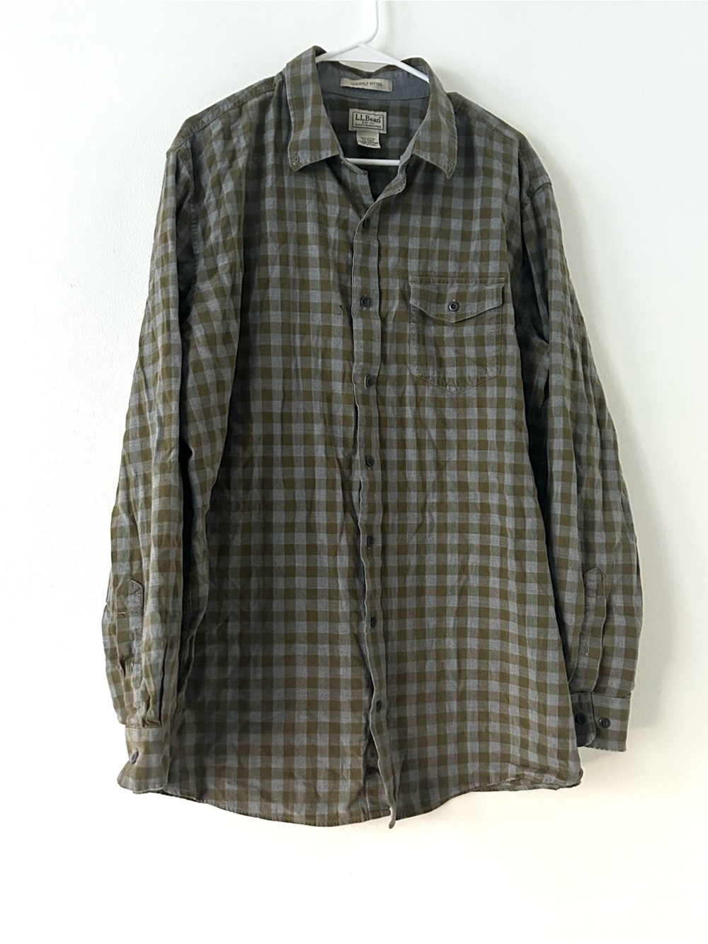 L.L.Bean Men’s XL Tall Slightly Fitted Plaid Button Down Shirt Green Gray Cotton